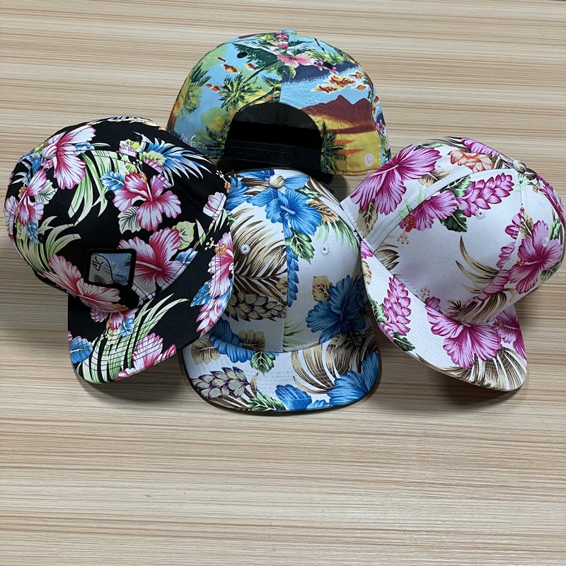 Wholesale Premium Blank Floral Flat Bill Hat Plain Caps for Printing Summer Hawaii Cap Beach Sports Snapback Hat for Sublimation
