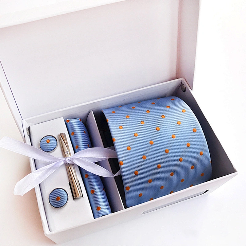 Custom Men Ties and Hanky Set Fashion Dot Neckties with Pocket Squares Tie Clip Pocket Square and Cufflink Set Gift Box