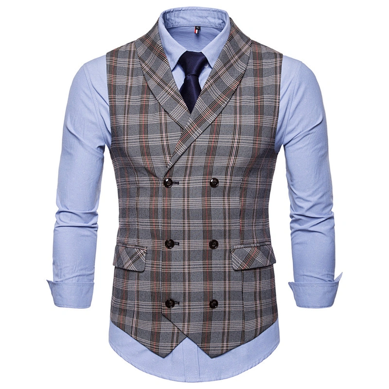 Khaki Suit Vest Men Formal Men Vest Waistcoat Double Breasted Casual Cotton Plaid Chalecos Hombre