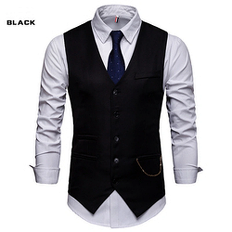 Casual Men Vest Waistcoat Formal Single Breasted Suit Vest Men Solid Cotton Chalecos Para Hombre With Chains