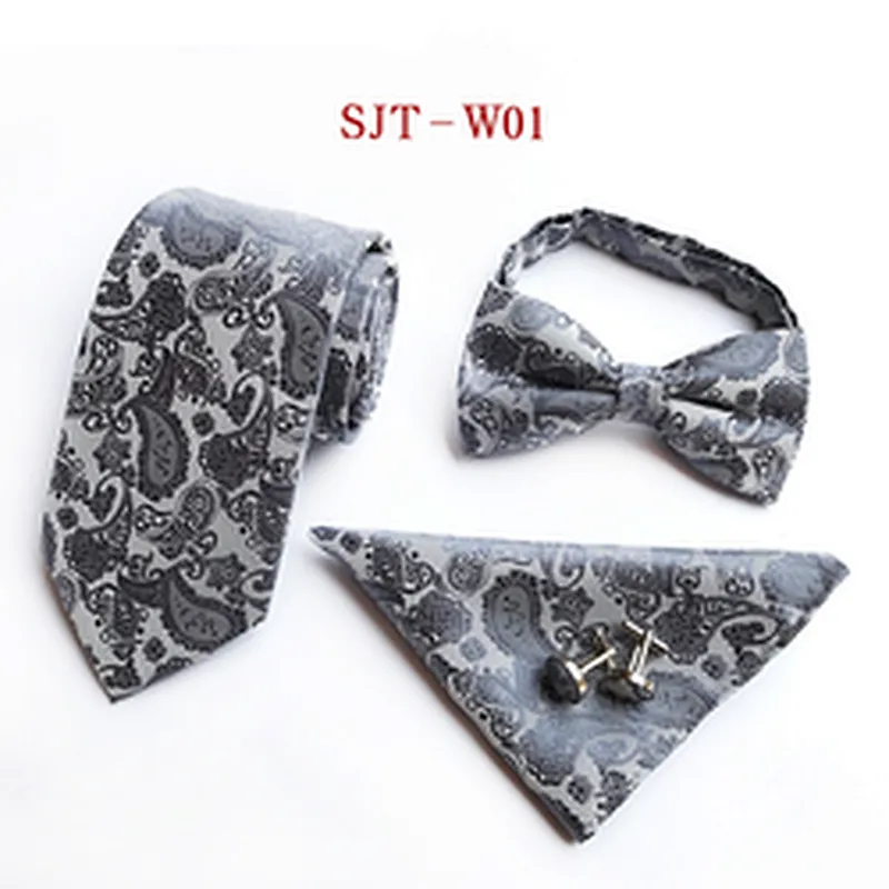 Custom Bow Tie Necktie Set Gift Box Paisley Mens Neck Tie Set Fashion Tie Pocket Square And Cufflink Set