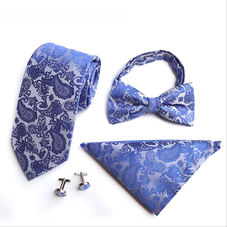 Custom Bow Tie Necktie Set Gift Box Paisley Mens Neck Tie Set Fashion Tie Pocket Square And Cufflink Set