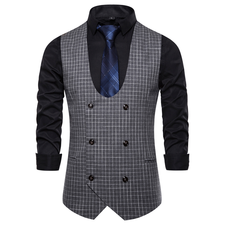 Casual Men Vest Waistcoat Formal Plaid Suit Vest Men Double Breasted Cotton Chalecos Hombre