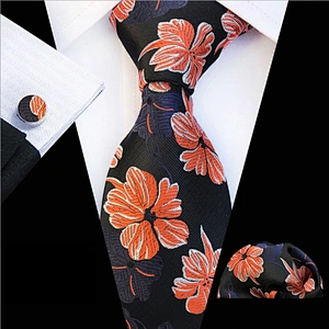 Custom Floral Tie Pocket Square And Cufflink Set Luxury Necktie Set Gift Box Polyester Wovenl Mens Neck Tie Set Box