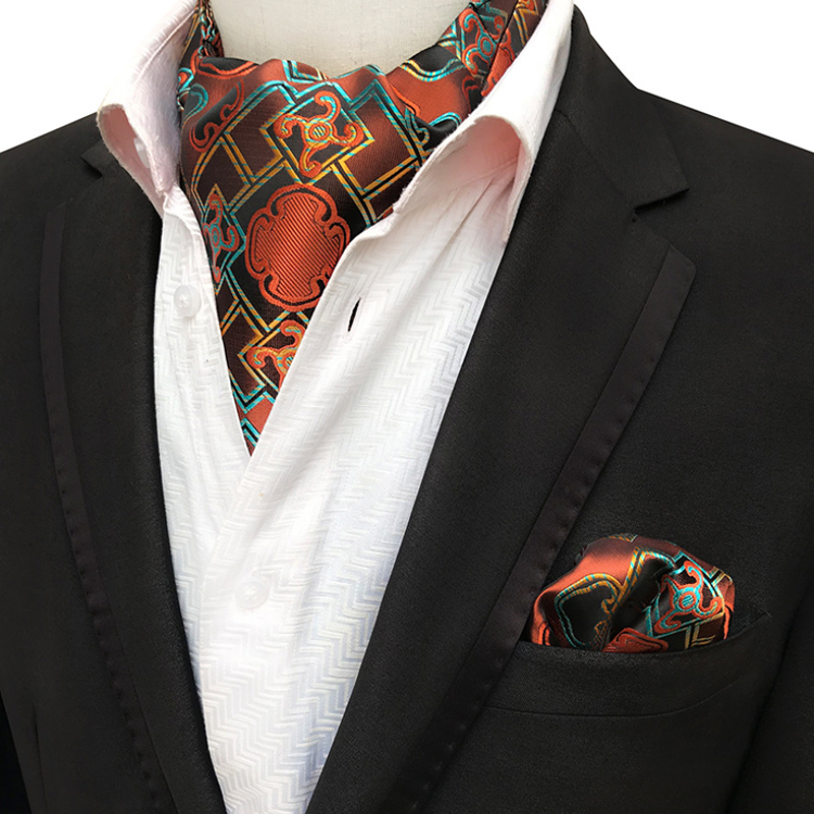 Classic Cravat Fashion Paisley Folard Mens Ascot Polyester Handkerchief for Men Jacquard Woven Hanky Set