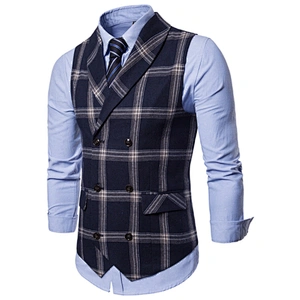 Formal Men Vest Waistcoat Blue Casual Gilet Vest Double Breasted Cotton Lattice Suit Vest Men