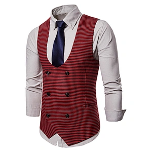 Cotton Chalecos Hombre Casual Double Breasted Men Vest Waistcoat Formal Plaid Suit Vest Men