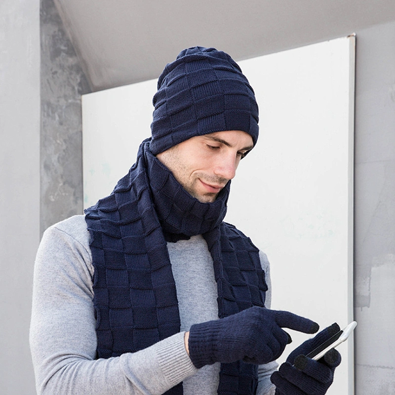 Hot Selling Men Winter Warm Knit Beanie Hat Cap and Scarf Gloves 3 piece Set