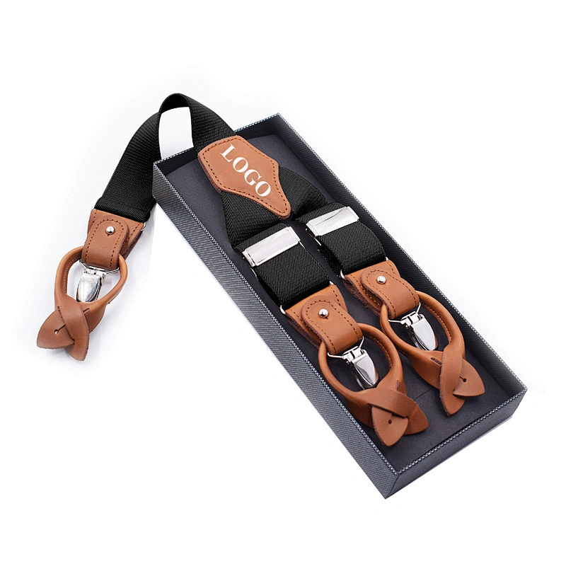 latest 3.5cm width elastic 6 button men's strap clip Dual-use Brown Leather Adjustable suspenders for dress trousers