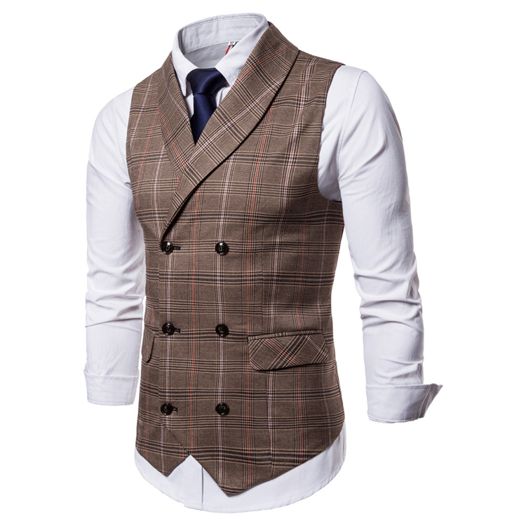 Khaki Suit Vest Men Formal Men Vest Waistcoat Double Breasted Casual Cotton Plaid Chalecos Hombre