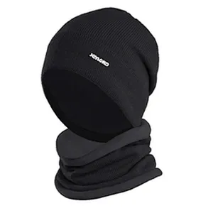 Neck warmer knitted hat scarf set fur Wool Lining Thick Warm Knit beanies Winter Hat For men women Cap