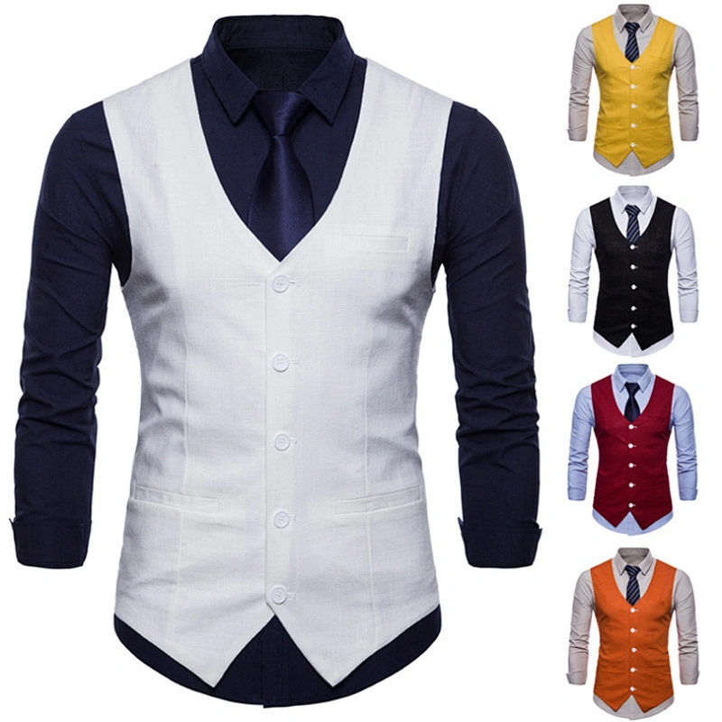 Single Breasted Suit Vest Men Formal Solid Chalecos Hombre Casual Flax Men Vest Waistcoat
