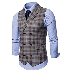 Khaki Suit Vest Men Formal Men Vest Waistcoat Double Breasted Casual Cotton Plaid Chalecos Hombre