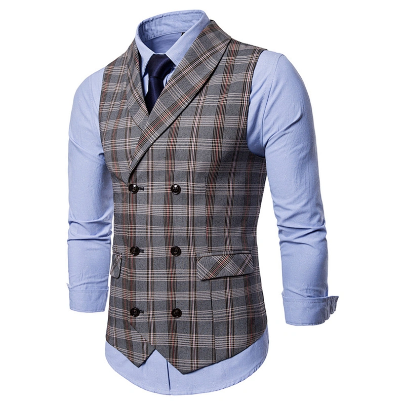 Khaki Suit Vest Men Formal Men Vest Waistcoat Double Breasted Casual Cotton Plaid Chalecos Hombre
