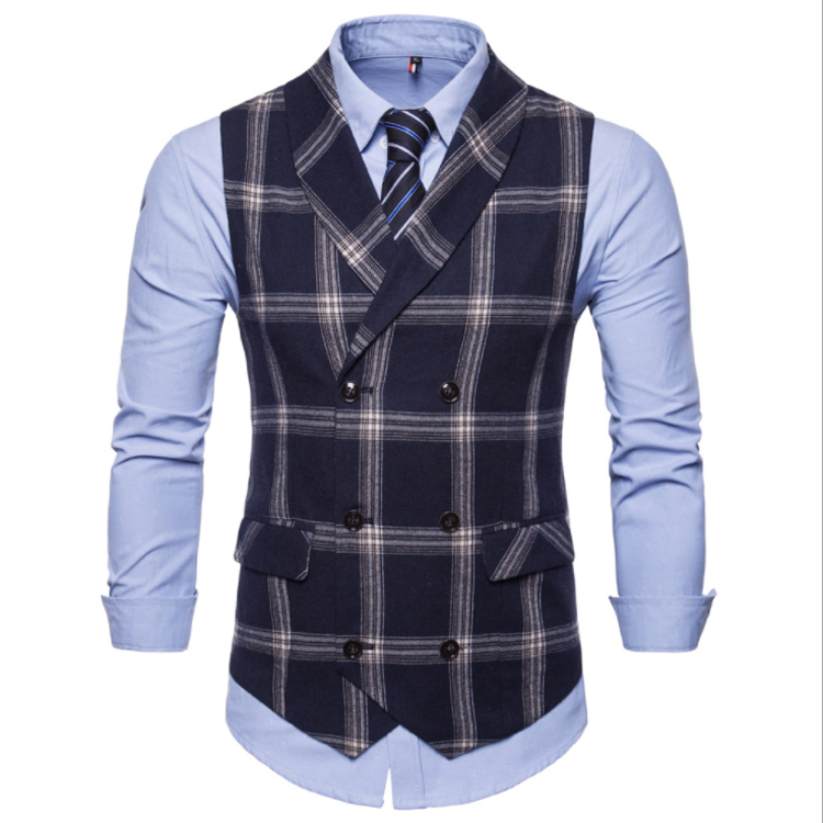 Formal Men Vest Waistcoat Blue Casual Gilet Vest Double Breasted Cotton Lattice Suit Vest Men