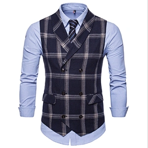 Formal Men Vest Waistcoat Blue Casual Gilet Vest Double Breasted Cotton Lattice Suit Vest Men