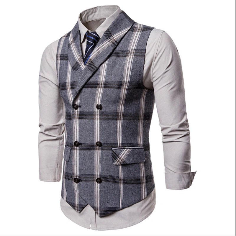 Formal Men Vest Waistcoat Blue Casual Gilet Vest Double Breasted Cotton Lattice Suit Vest Men