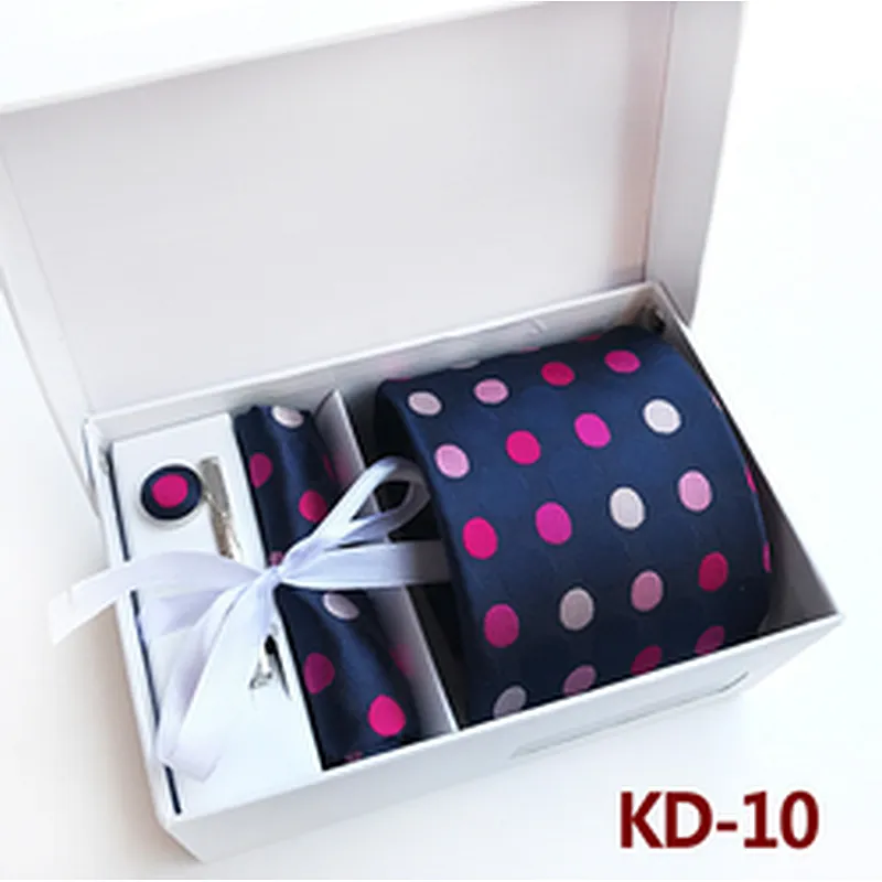 Custom Men Ties and Hanky Set Fashion Dot Neckties with Pocket Squares Tie Clip Pocket Square and Cufflink Set Gift Box
