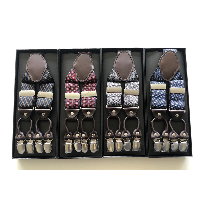 Customized Fashion High Quality 3.5cm width elastic adjustable Jacquard Woven 6 Clip Y Shape Suspenders For Men Trousers