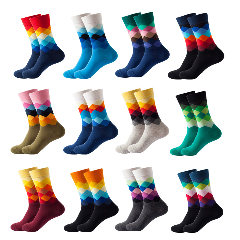 Wholesale custom cotton men colorful funny socks diamond pattern socks