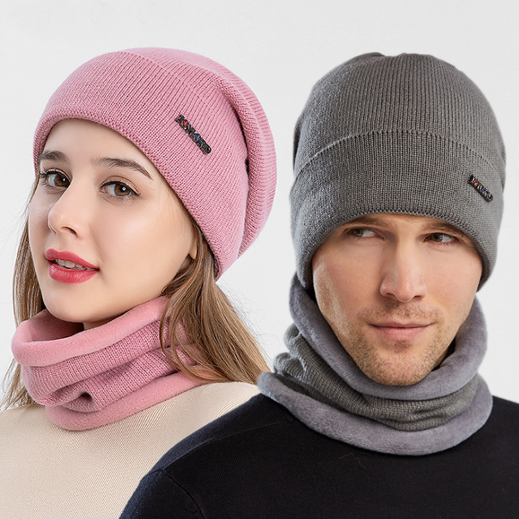 Neck warmer knitted hat scarf set fur Wool Lining Thick Warm Knit beanies Winter Hat For men women Cap