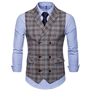 Khaki Suit Vest Men Formal Men Vest Waistcoat Double Breasted Casual Cotton Plaid Chalecos Hombre