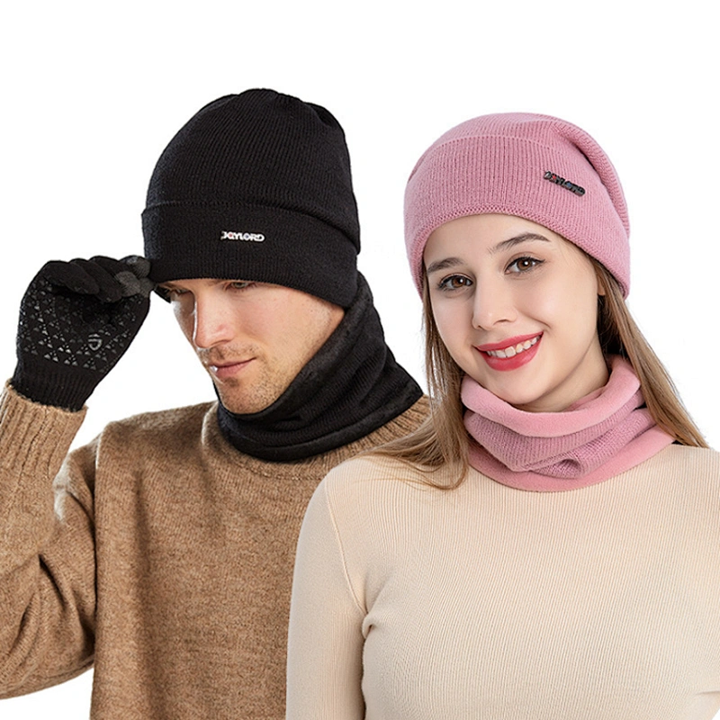 Neck warmer knitted hat scarf set fur Wool Lining Thick Warm Knit beanies Winter Hat For men women Cap