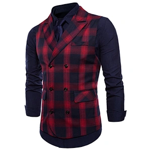 Formal Lattice Suit Vest Men Double Breasted Gilet Vest Red Cotton Men Vest Waistcoat