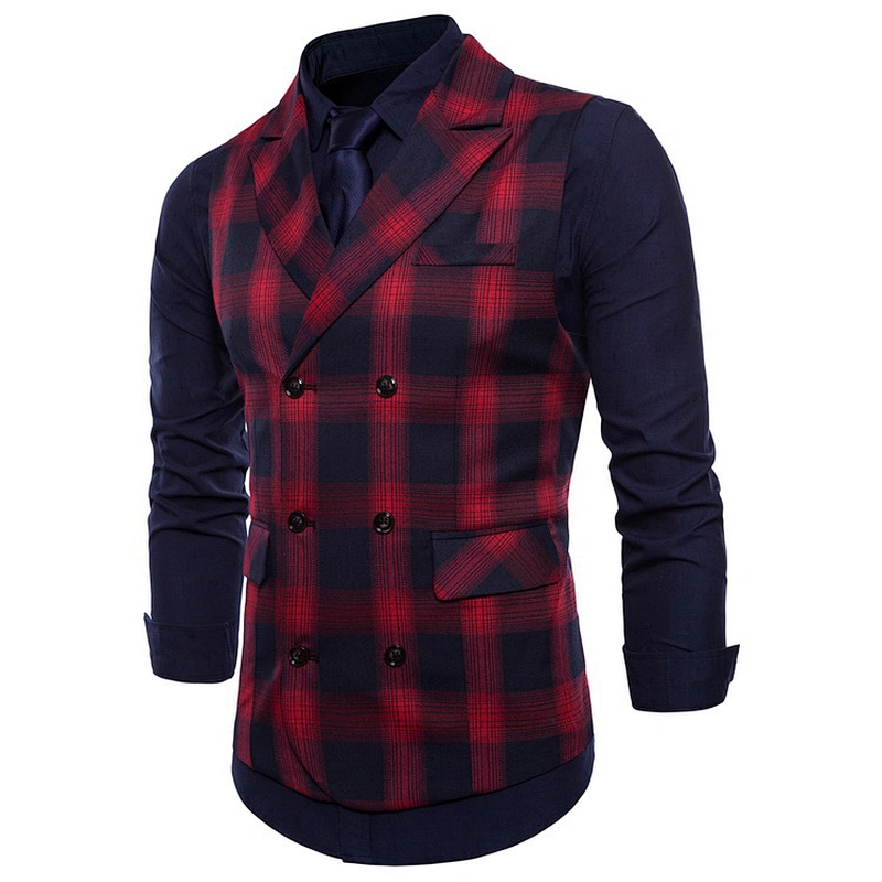 Formal Lattice Suit Vest Men Double Breasted Gilet Vest Red Cotton Men Vest Waistcoat