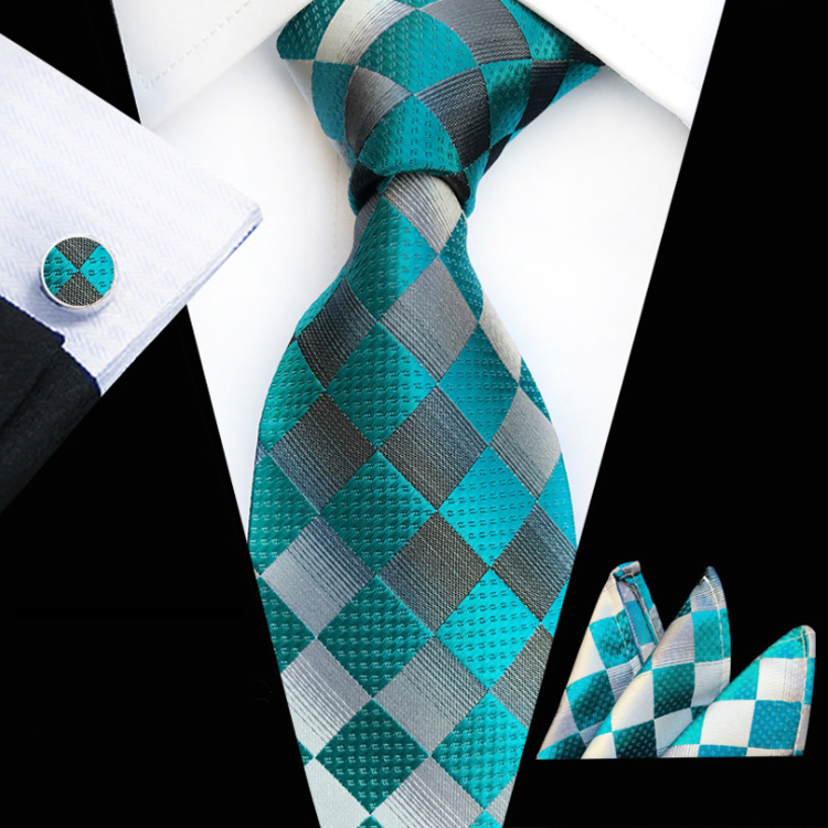 Wholesale Men Ties and Hanky Set Classic Tie and Cufflinks Set Lattice Neckties with Pocket Squares Ensemble Cravate