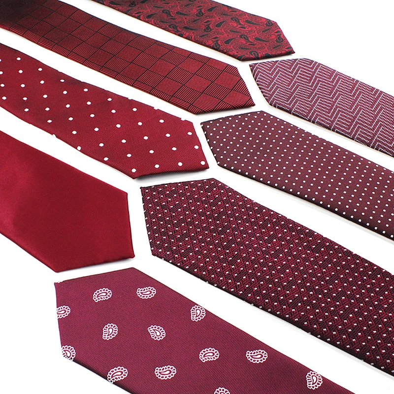 Custom Necktie Set Fashionable Gravata Masculina Jacquard Woven Wine Red Plain Polyester Ties