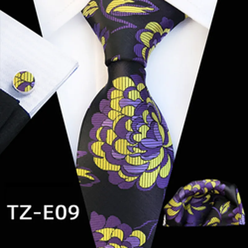 Luxury Necktie Set Gift Box Custom Floral Tie Pocket Square And Cufflink Set Polyester Wovenl Mens Neck Tie Set Box