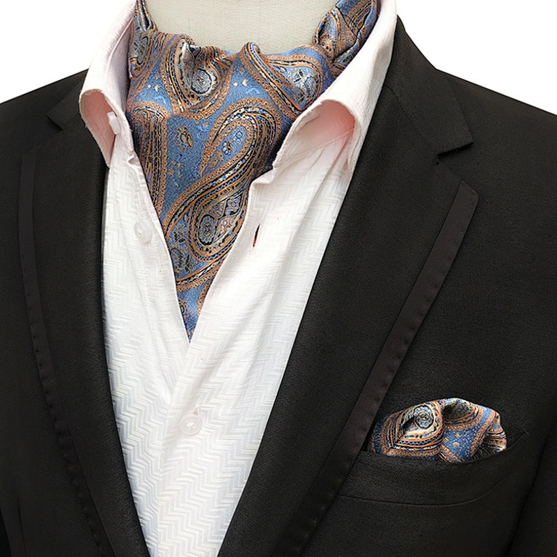 Fashion Paisley Folard Mens Ascot Casual Cravate Homme Polyester Handkerchief for Men Jacquard Woven Hanky Set