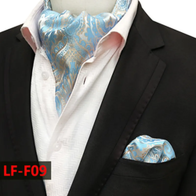 Classic Cravat Fashion Paisley Folard Mens Ascot Polyester Handkerchief for Men Jacquard Woven Hanky Set