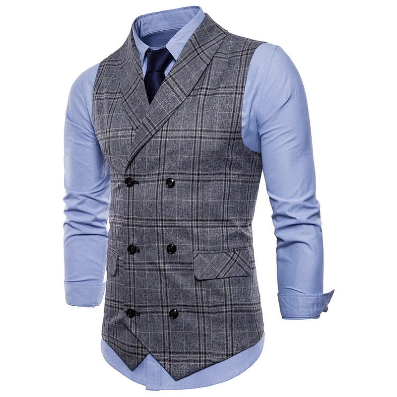 Cotton Chalecos Hombre Double Breasted Men Vest Waistcoat Formal Slim Fit Busniess Clothes Plaid Suit Vest Men