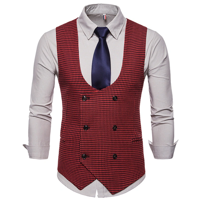 Cotton Chalecos Hombre Casual Double Breasted Men Vest Waistcoat Formal Plaid Suit Vest Men