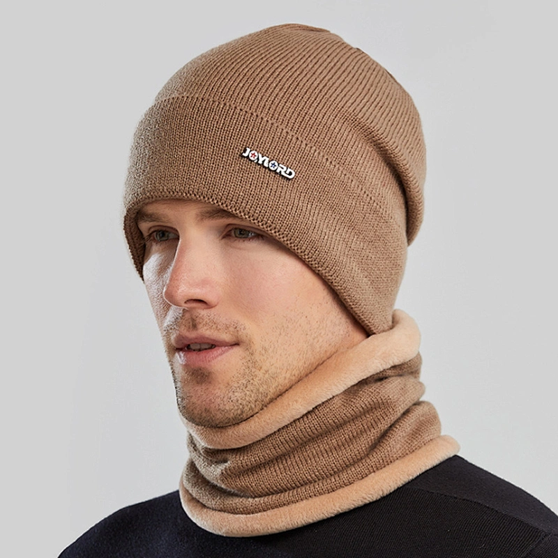 Neck warmer knitted hat scarf set fur Wool Lining Thick Warm Knit beanies Winter Hat For men women Cap