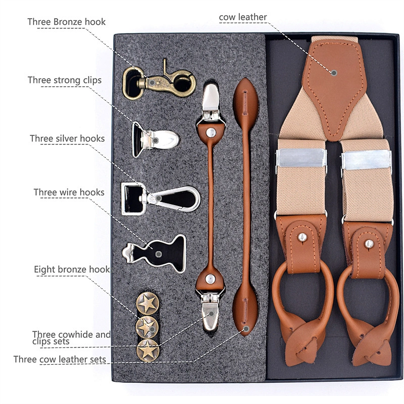 Latest Business Men Suspenders Luxury Multi-Function Suit 8 Kinds Of Clips Suspenders DIY Leather Suspender For Men Gift