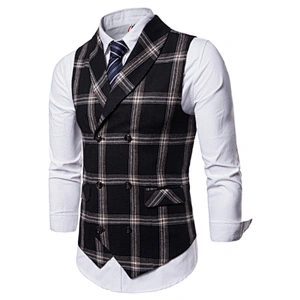 Formal Men Vest Waistcoat Blue Casual Gilet Vest Double Breasted Cotton Lattice Suit Vest Men