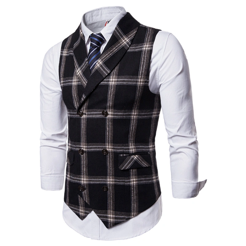 Formal Men Vest Waistcoat Blue Casual Gilet Vest Double Breasted Cotton Lattice Suit Vest Men