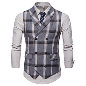 Formal Men Vest Waistcoat Blue Casual Gilet Vest Double Breasted Cotton Lattice Suit Vest Men