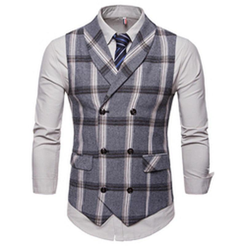 Formal Men Vest Waistcoat Blue Casual Gilet Vest Double Breasted Cotton Lattice Suit Vest Men