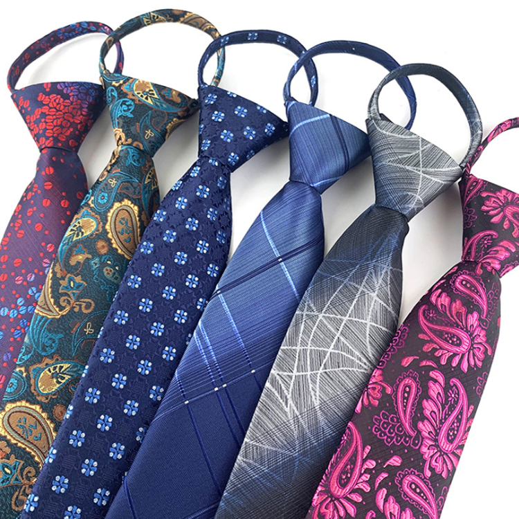 Wholesale Neck Tie Lazy Adjustable Elastic Popular Boy Zipper Tie Polyester Jacquard White Zipper Ties For Men