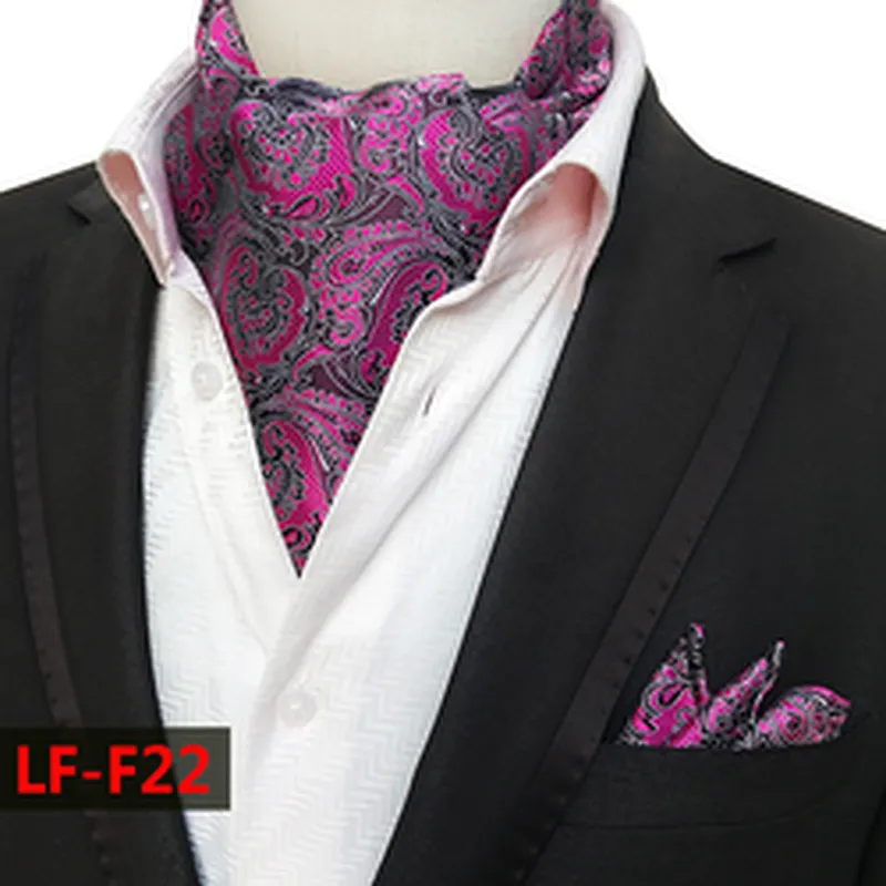 Classic Cravat Fashion Paisley Folard Mens Ascot Polyester Handkerchief for Men Jacquard Woven Hanky Set
