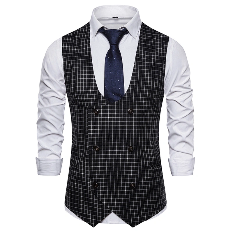 Casual Men Vest Waistcoat Formal Plaid Suit Vest Men Double Breasted Cotton Chalecos Hombre