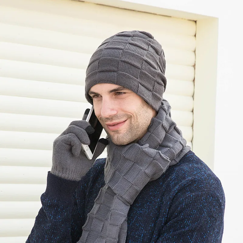 New Arrival Men Winter Warm Knit Beanie Hat Cap and Scarf Gloves 3 piece Set