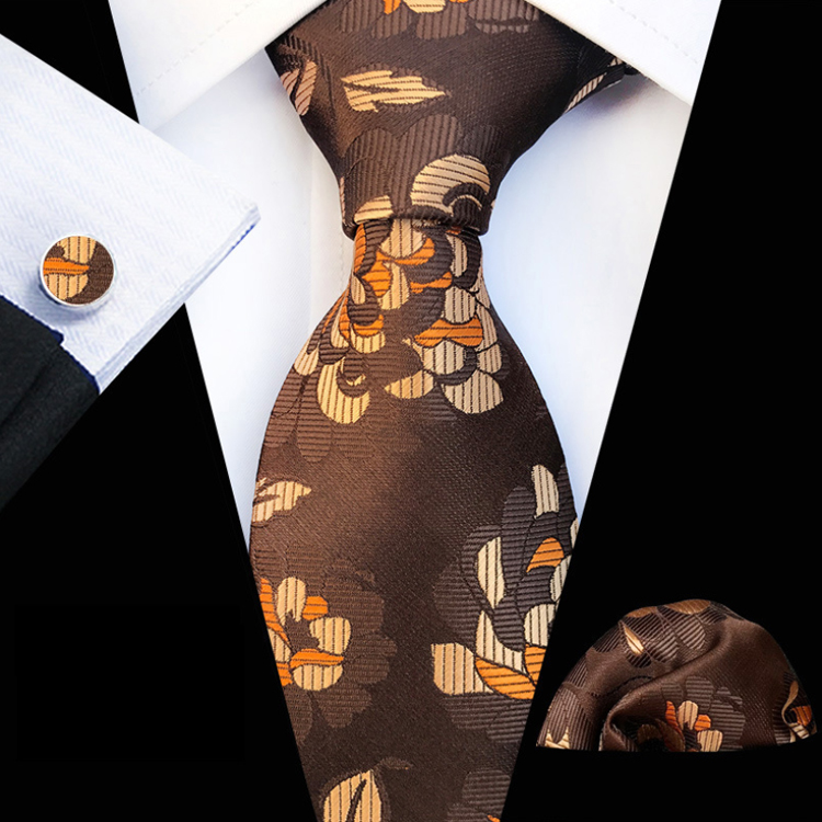 Custom Floral Tie Pocket Square And Cufflink Set Luxury Necktie Set Gift Box Polyester Wovenl Mens Neck Tie Set Box