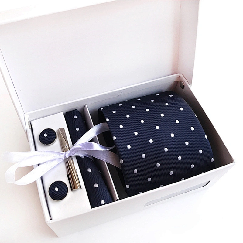 Luxury Tie Clip Pocket Square and Cufflink Set Gift Box Custom Men Ties and Hanky Set Dot Neckties with Pocket Squares