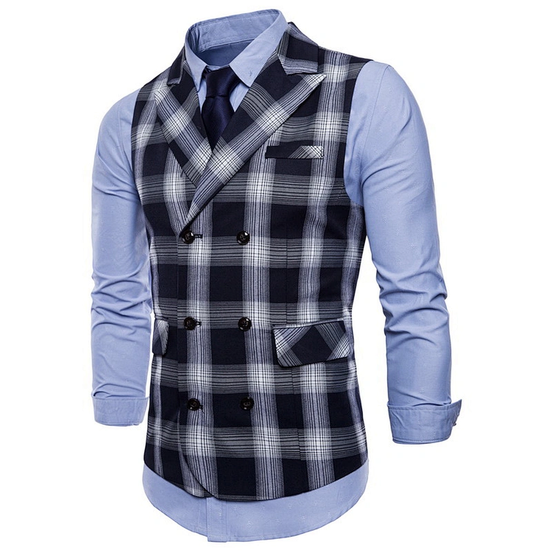 Formal Lattice Suit Vest Men Double Breasted Gilet Vest Red Cotton Men Vest Waistcoat