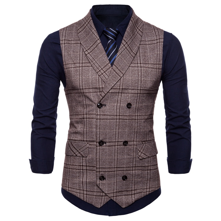 Cotton Chalecos Hombre Double Breasted Men Vest Waistcoat Formal Slim Fit Busniess Clothes Plaid Suit Vest Men